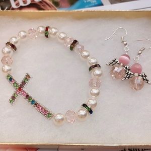 Multi-Color Cross Bracelet with Angel Earring Set